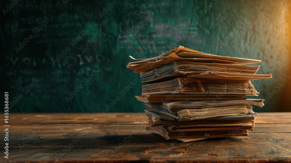 Aufkleber stack of old, worn out papers rests on wooden table, illuminated by warm light. background features 