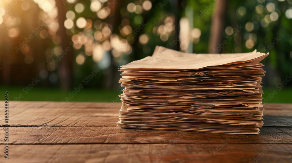 Poster stack of aged papers on wooden table, illuminated by soft sunlight filtering through trees, creating