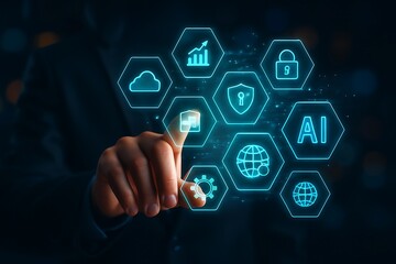 Human finger interacting with a glowing digital network of futuristic technology icons isolated on transparent background