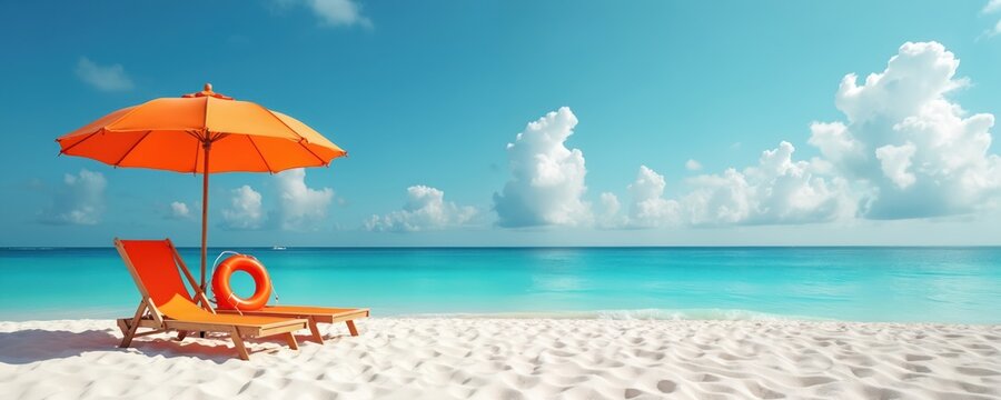 Relaxing beach scene features two orange lounge chairs and umbrella on white sand shore. Crystal clear turquoise ocean water meets blue sky with fluffy white clouds. A life preserver floats nearby.
