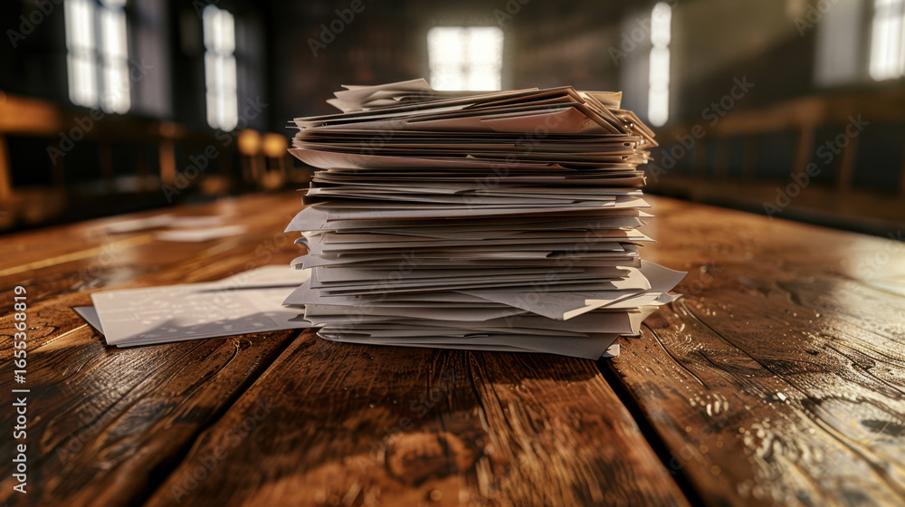 Aufkleber stack of papers rests on wooden table, illuminated by soft light filtering through windows. scene co