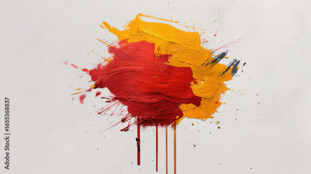 Poster vibrant abstract painting featuring bold strokes of red and yellow against white background, creatin