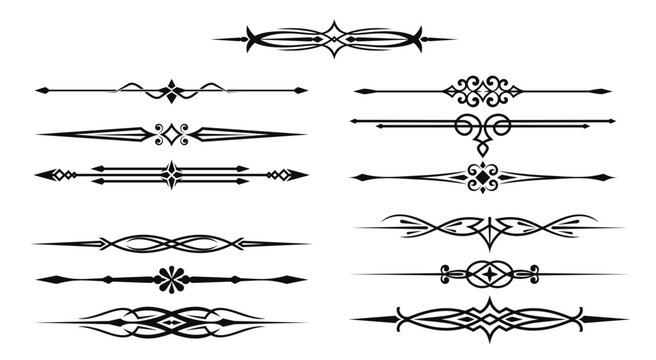 Vintage elegant divider borders, frame separate borders decor lines. Vector set of black ornate decorative symmetrical flourishes, curls, arrows or tribal elements for invitations, certificates, menus
