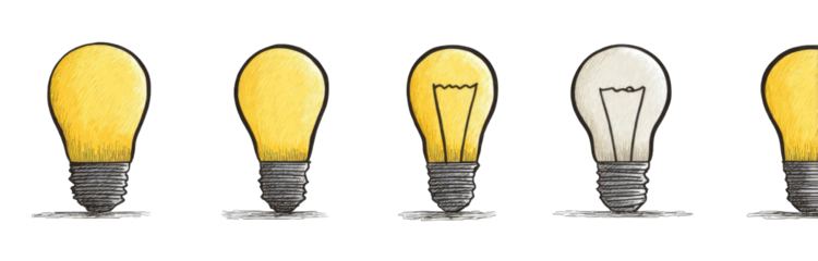 Four lightbulbs, gradually changing from yellow to white