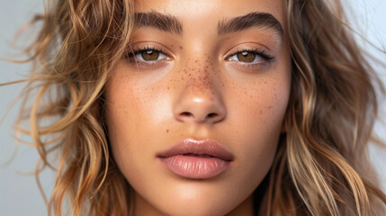 Fototapeta premium Close up portrait of young woman with wavy hair and freckles, showcasing natural beauty and glowing skin. Her expressive eyes and soft lips convey sense of confidence and charm