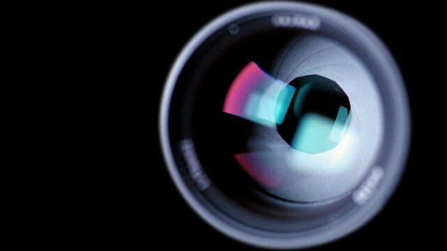 Diaphragm blades of the fixed lens opening and closing aperture f-stop adjustment of a photo camera close-up shot