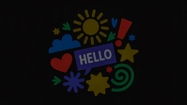 Colorful Cartoonish Icons and Symbols with " HELO" Speech Bubble hello