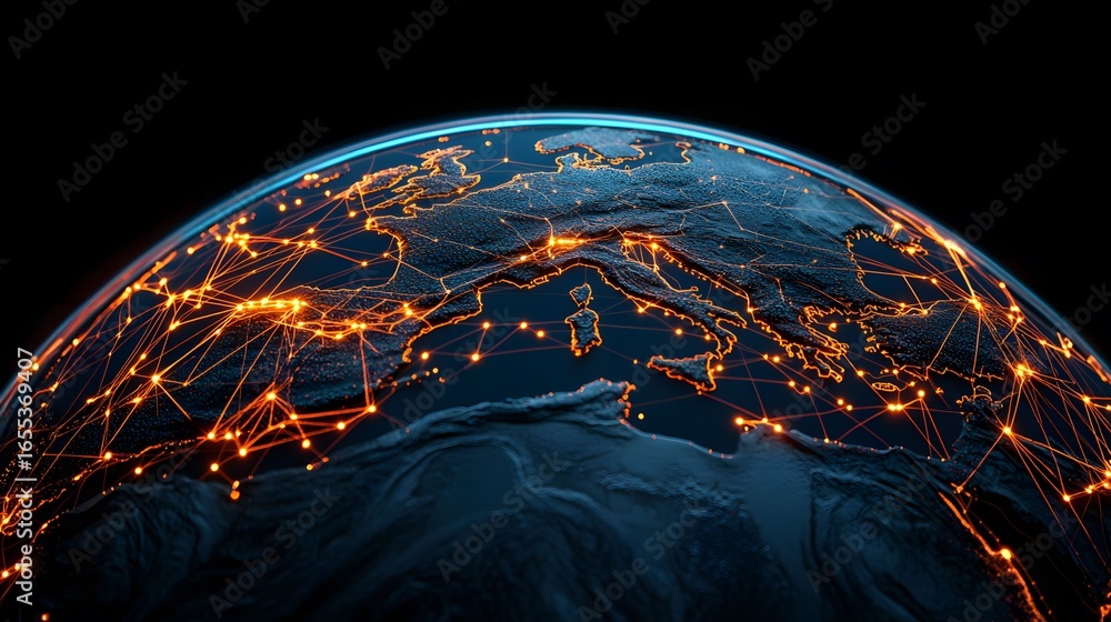 Poster the image shows a detailed, illuminated globe with europe at the forefront, showcasing connected net