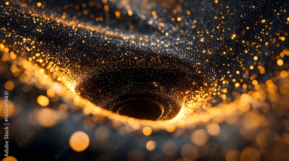 Poster the image depicts a swirling vortex of bright golden sparkles seemingly pulled into a dark central v