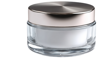 Elegant glass cosmetic jar with a white cream and a brushed metallic rose gold lid.