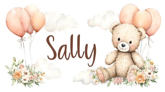 Adorable teddy bear with balloons and flowers for a baby girl named sally