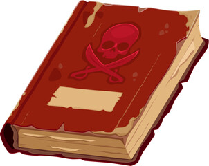 Cartoon old pirate book with a red skull and crossed cutlasses emblem on a worn brown cover. Isolated vector Caribbean pirates or corsairs icon for adventure games, treasure maps, fantasy stories