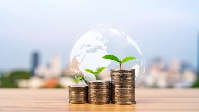 Growing Investment Concept: Illustrating the growth of money, a stack of coins sprout new life, a transparent globe floats in the background. - Powered by Adobe