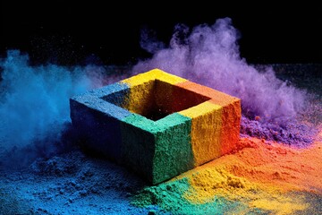 Colorful square block amidst vibrant powder