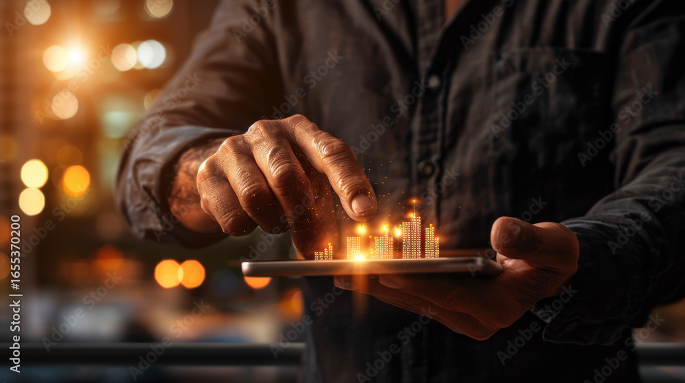 Poster person interacts with digital tablet displaying glowing financial graphs and data, symbolizing techn
