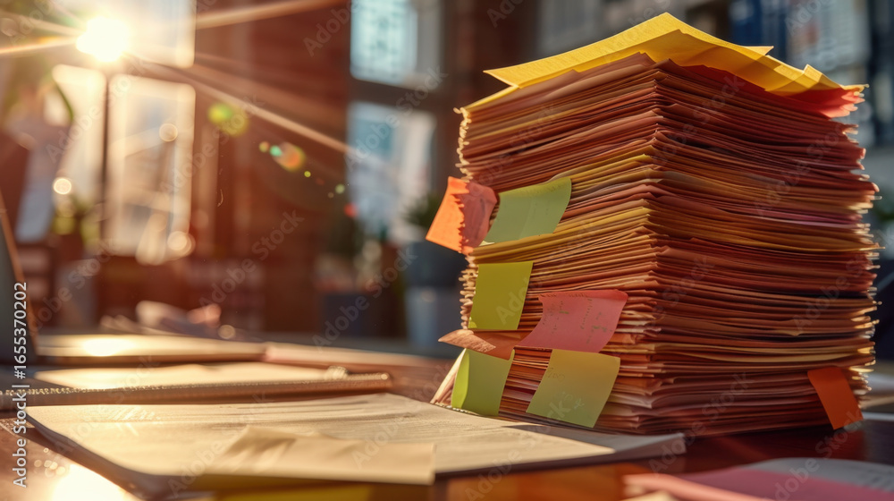 Poster large stack of documents with colorful sticky notes sits on desk, illuminated by warm sunlight strea