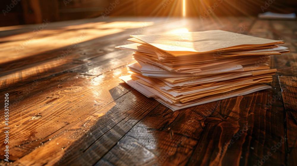 Poster stack of documents rests on wooden floor, illuminated by warm sunlight streaming in from nearby wind