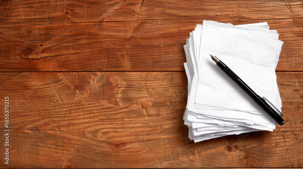 Poster blank sheets of paper stacked on wooden surface with black pen resting beside them, creating simple 