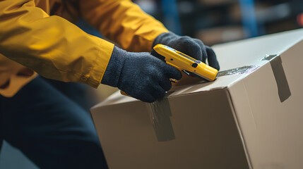 A person using a yellow box cutter to open a cardboard box in a warehouse environment with gloves on