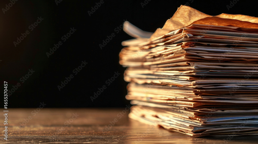 Aufkleber stack of old documents with yellowed pages, resting on wooden surface, illuminated by soft light, cr