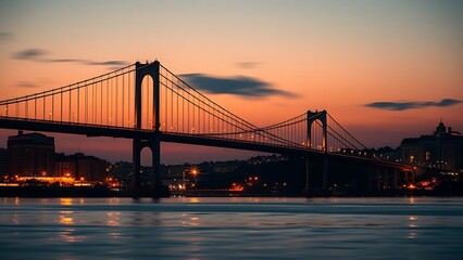 Naklejka premium Silhouetted suspension bridge at dusk with city lights