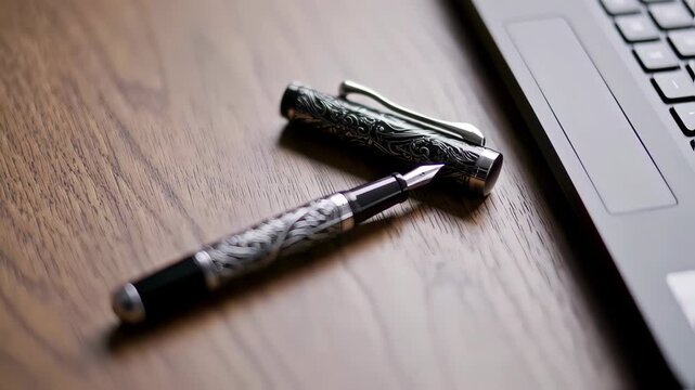 Two ornate fountain pens rest on a light-colored wooden surface beside a laptop