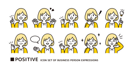 カーディガンを着た若い女性の、ポジティブなポーズのアイコン素材セット＿ベクター