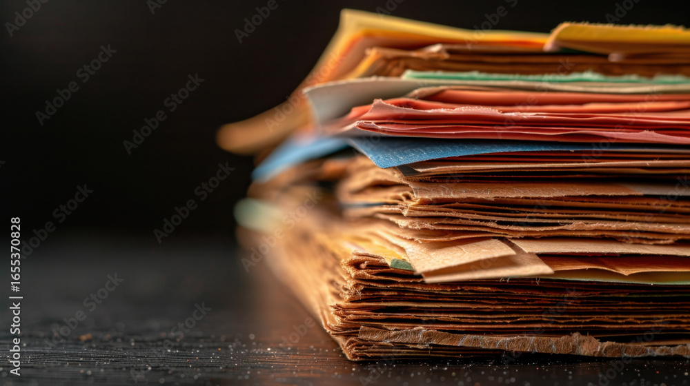 Aufkleber stack of colorful papers and documents arranged in disorganized manner, showcasing various textures 