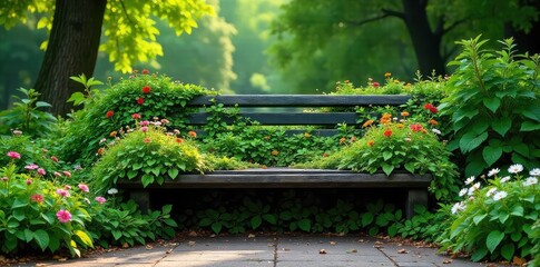 A vibrant, lush green bench overflowing with various plants and flowers, creating a tranquil and natural seating area Ideal for park, garden, or outdoor space imagery , landscape, summer