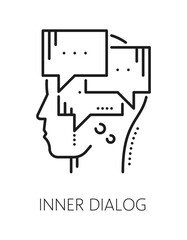 Inner dialog mental health, psychology line icon or pictogram. Psychology lineart vector pictogram, psychotherapy icon. Mental health problem symbol with head silhouette and dialog speak clouds