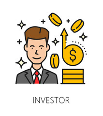 Investment expert or investor, business color line icon or label. Financial advisor thin line vector symbol. Business investment expert or investor pictogram with businessman character, golden coins