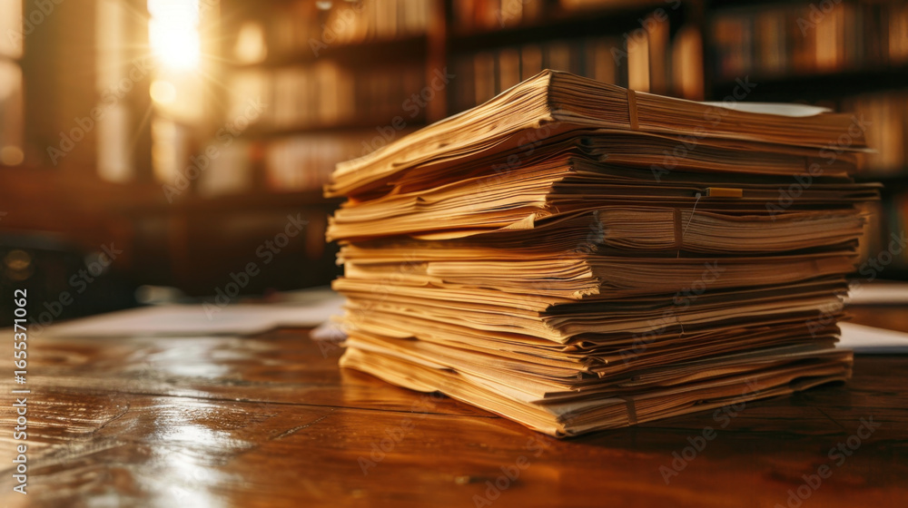 Aufkleber stack of neatly organized documents rests on wooden table, illuminated by warm sunlight filtering th