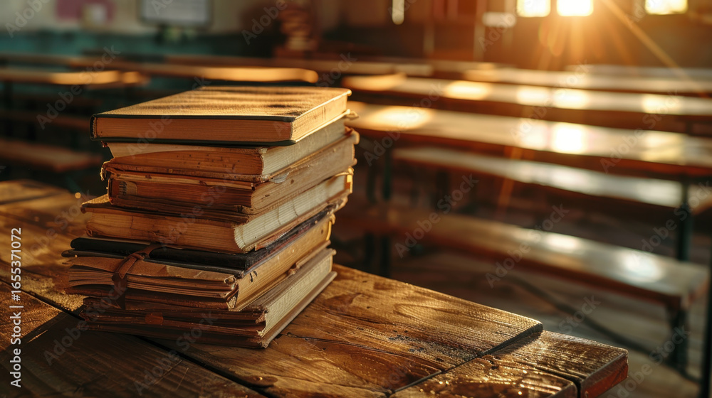 Poster stack of old books rests on wooden table in sunlit classroom, evoking sense of nostalgia and learnin