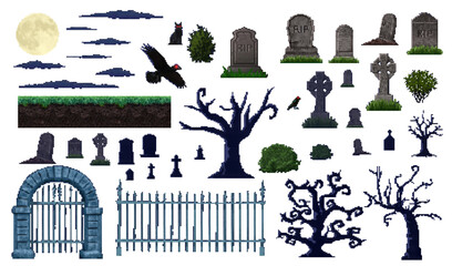8 bit pixel art Halloween graveyard landscape details, retro horror game UI. Vector spooky cemetery trees, scary tombstones and moon. Pixel gravestone crosses, black cat, raven and graveyard gate