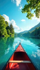 Fototapeta premium Serene Summer Canoe Paddle on Calm Lake, Lush Green Trees, Blue Sky - Perfect for Travel, Adventure, and Nature Projects