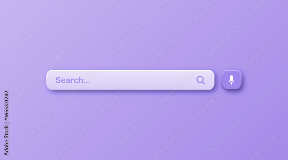 Poster Colorful 3d search bar template. Internet browser engine with search box, address bar and text field. UI design, website interface element with web icons and push button. Vector illustration