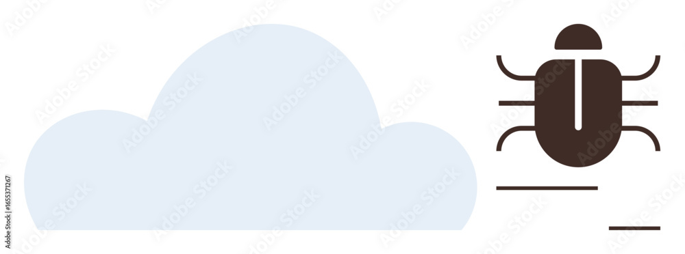 Poster blue cloud shape next to a simplified bug graphic conveys technology concerns thumbs up cybersecurit