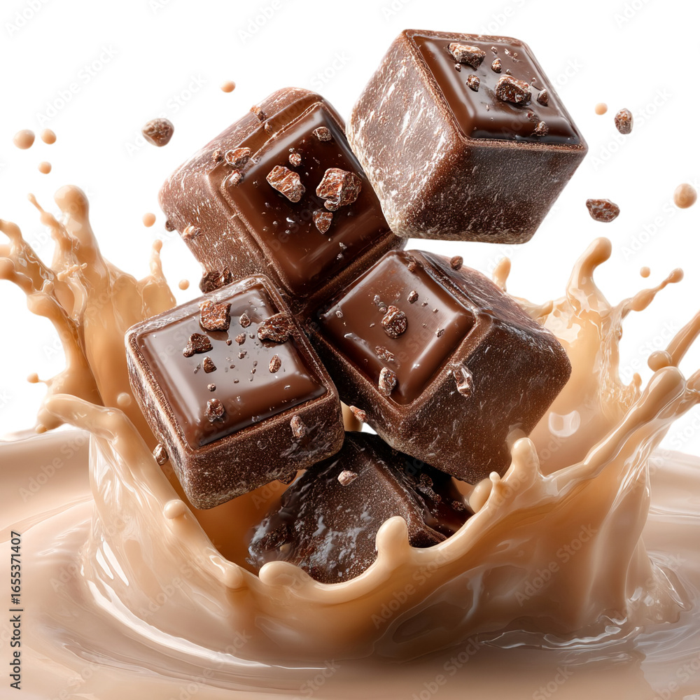 Poster Stacked chocolate squares with sprinkles splashing into liquid below them isolated on transparent background