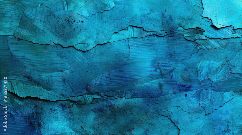 Poster textured blue abstract background with layered paint strokes, creating sense of depth and movement. 