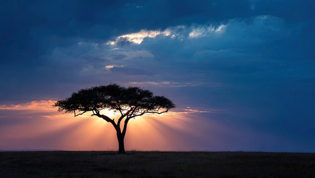 Solitary acacia tree silhouetted against a vibrant sunset, sun rays bursting through dramatic clouds over a flat savanna
