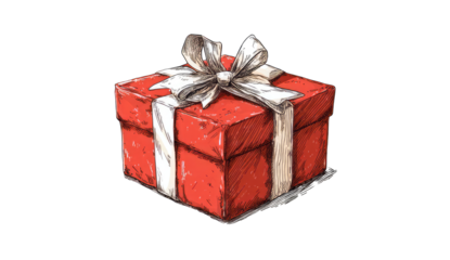 A red gift box with a white ribbon and bow