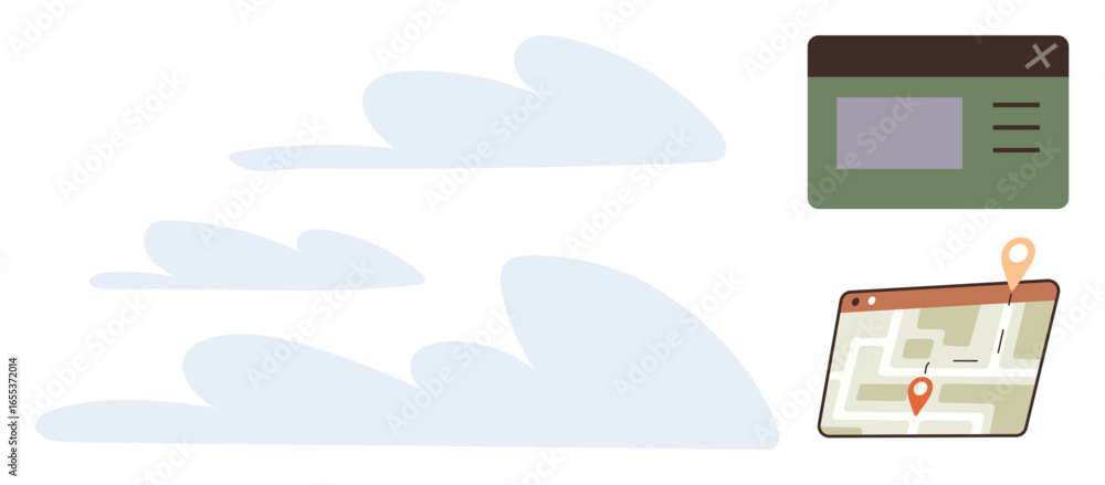Aufkleber map on tablet with location markers alongside a web page frame and abstract clouds. ideal for naviga