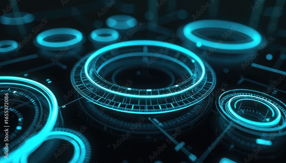 Poster abstract futuristic illustration featuring glowing neon circles, segmented graphic elements in blue 