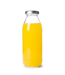 Tasty juice in glass bottle isolated on white