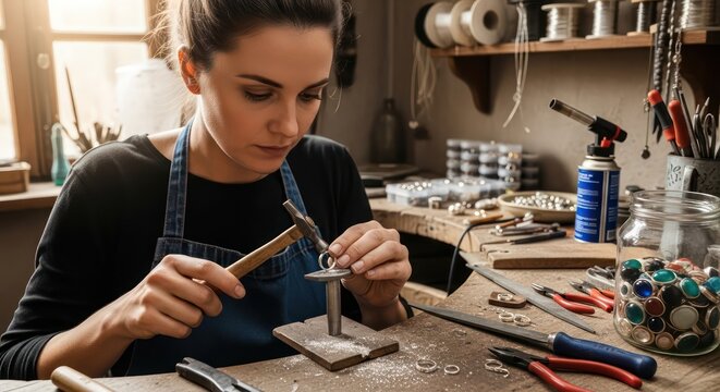 Jewelry Maker Carefully Hammers Ring on Anvil in Workshop, Crafting Process