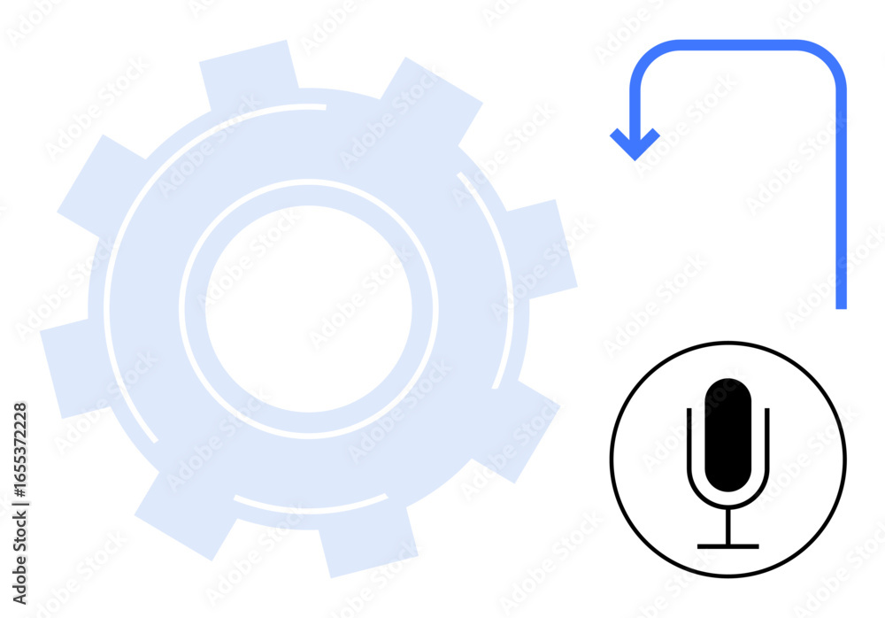 Poster blue gear, curved arrow implying flow or action, and microphone icon suggesting voice functions. ide
