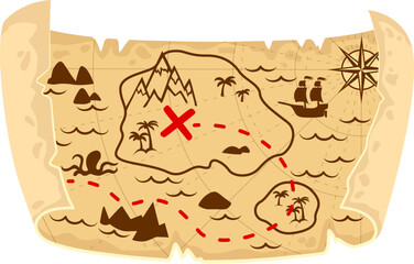 Old pirate treasure map. Cartoon vector vintage worn parchment with ship, island and land, wind rose, x mark and cardinal points. Fantasy world torn paper scroll with travel locations and sea monster