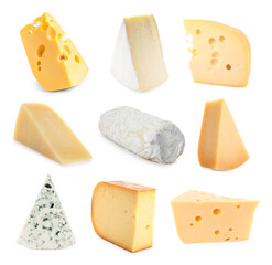 Variety of cheeses isolated on white, set