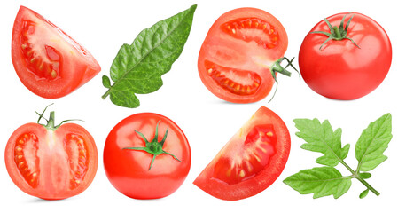 Fresh ripe tomatoes and green leaves isolated on white, set
