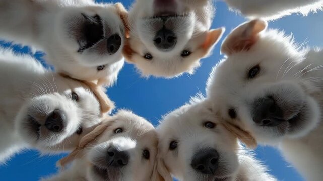 Under a bright blue sky, happy, playful puppies in a circular formation with joyful expressions